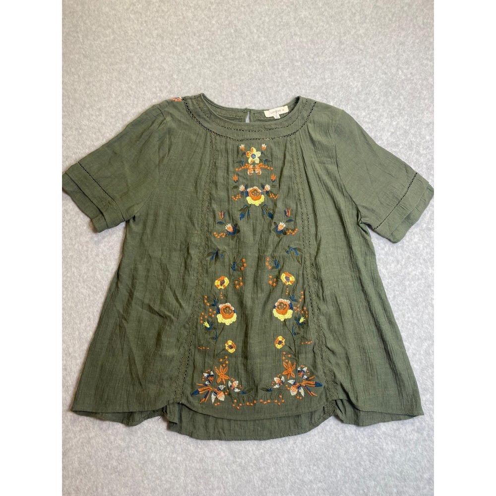Umgee USA Olive Green Embroidered Floral Boho Blouse XL Short Sleeve Lace Trim